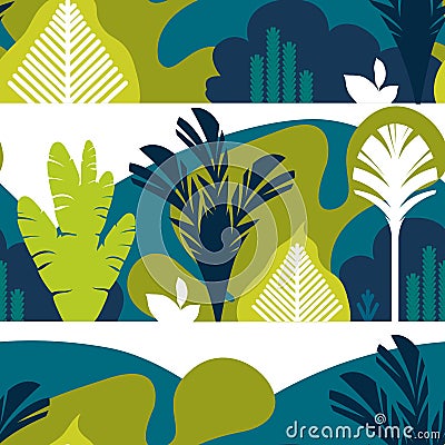 Seamless pattern. Trees are broad-leaved tropical, ferns. Mountain landscape. Flat style. Preservation of the environment. Vector Illustration