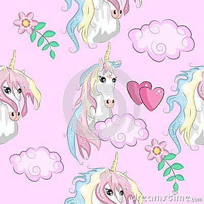 Seamless pattern with trendy cartoon patches. Unicorns, rainbows and hearts Stock Photo