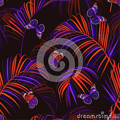 Seamless pattern of trendy colorful palm leaves of the tropical night with the butterflies in the forest design for fashion,fabric Stock Photo