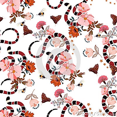 Seamless pattern Trendy snake with flowers graphic design vector Stock Photo
