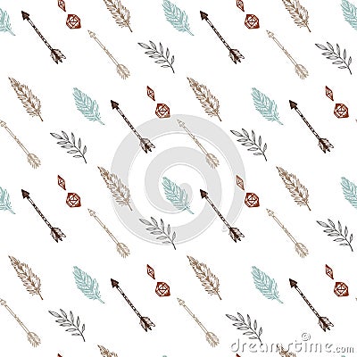Seamless pattern with tribal arrows, feathers and spring branches. Hand drawn vector illustration. Boho background. Perfect for f Vector Illustration