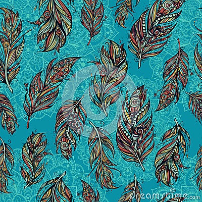 Seamless pattern with tribal feathers and mandala Vector Illustration