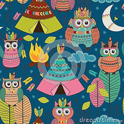 Seamless pattern with tribal owls night Vector Illustration