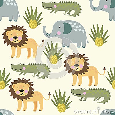 Seamless pattern with tropical animals lion, crocodile, elephant Vector Illustration