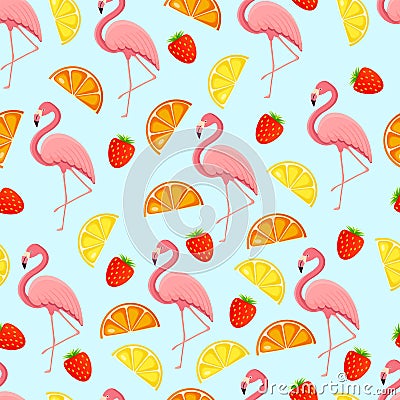 Seamless pattern with tropical bird flamingos, leaves and fruits. Texture with a bird for textiles, wallpaper, print Vector Illustration