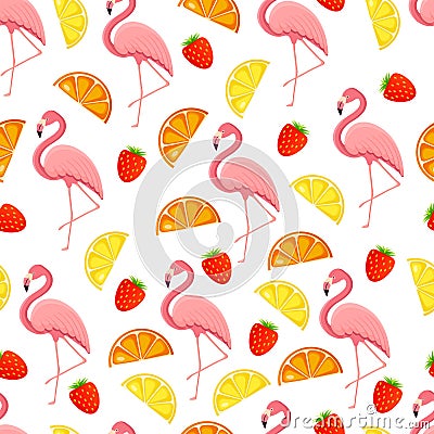 Seamless pattern with tropical bird flamingos, leaves and fruits. Texture with a bird for textiles, wallpaper, print Vector Illustration
