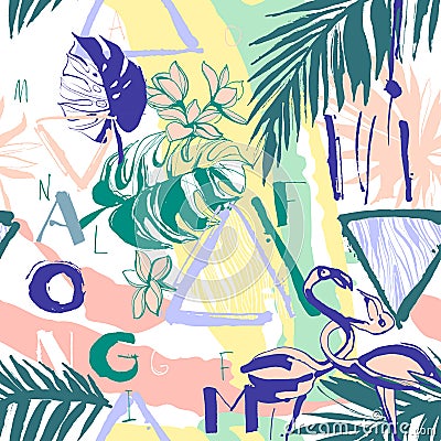 Seamless pattern of Tropical birds, palms, flowers and letters. Stock Photo