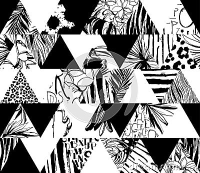 Seamless pattern Tropical birds, palms, flowers, triangles. Grunge ink style. Vector Illustration