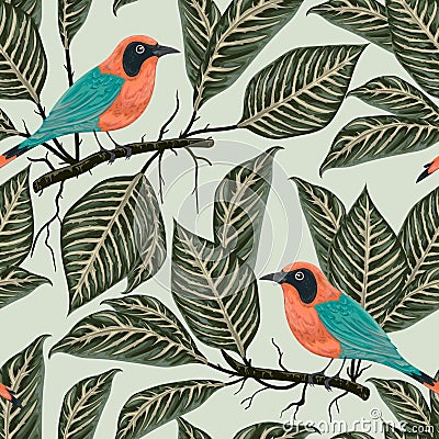 Seamless pattern with tropical birds and plants. Exotic flora and fauna. Vector Illustration