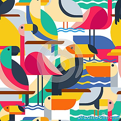 Seamless pattern with tropical birds. Vector Illustration