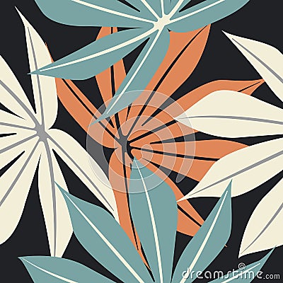 Seamless pattern with tropical colorful leaves on blue background Vector Illustration