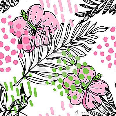 Seamless pattern of tropical elements, hand-drawn sketch-style elements. Strelicia flower, palm leaves, lotus leaves and Vector Illustration