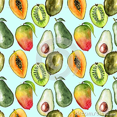 Seamless pattern with tropical exotic fruits. avocado, mango and kiwi slice Cartoon Illustration
