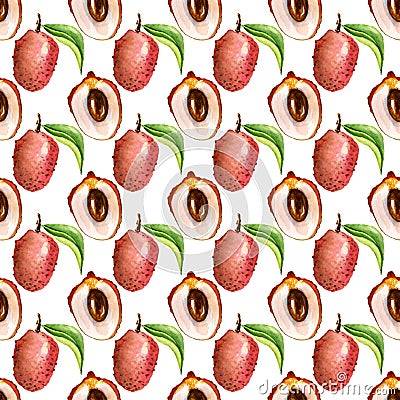 Seamless pattern with tropical exotic fruits. lychee slice on whiye background Cartoon Illustration