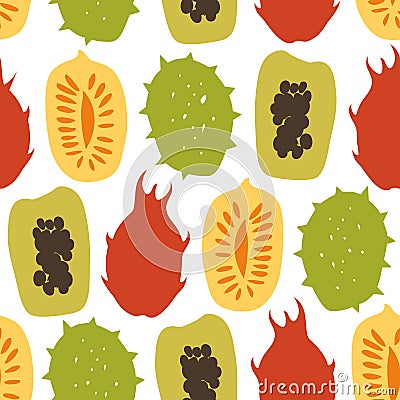 Seamless pattern with tropical exotic fruits, mango, papaya, durian, carambola, vector drawn background. Vector Illustration