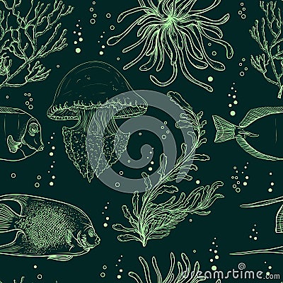Seamless pattern with tropical fish, jellyfish, marine plants and seaweed. Vintage hand drawn vector illustration marine life. Vector Illustration