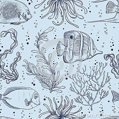 Seamless pattern with tropical fish, marine plants and seaweed. Vintage hand drawn vector illustration marine life. Vector Illustration