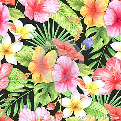 Seamless pattern tropical hibiscus flower orange, pink, red watercolor and black wallpaper Cartoon Illustration