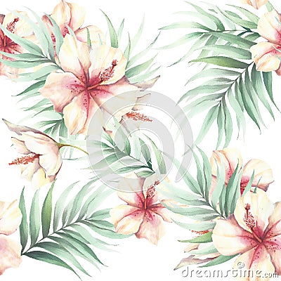 Seamless pattern with tropical flowers and leaves. Watercolor illustration. Cartoon Illustration