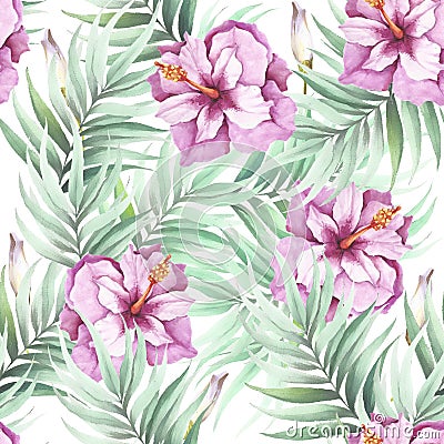 Seamless pattern with tropical flowers and leaves. Watercolor illustration. Cartoon Illustration