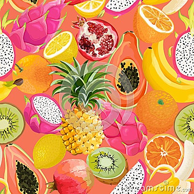 Seamless pattern with tropical fruits. Banana, Orange, Lemon, Pineapple, Dragon fruit background for textile, fashion texture Vector Illustration