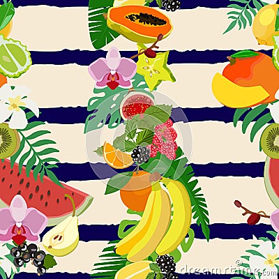 Seamless pattern with tropical fruits and citrus fruits, leaves. Vector illustration. Vector Illustration