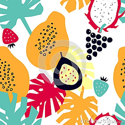 Seamless pattern with tropical fruits - dragon fruit; papaya; strawberry; grapes; passion fruit. Vector Illustration