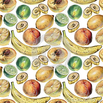 Seamless pattern with tropical fruits drawn by hand with colored pencil Stock Photo