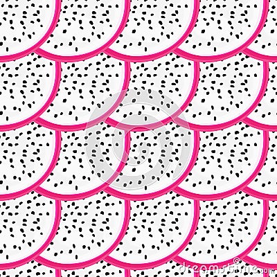 Seamless pattern with tropical fruits. Healthy dessert. Fruity background. Dragon fruit or pitaya. Exotic food Vector Illustration