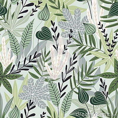 Vector seamless pattern with tropical leaves. Beautiful print with hand drawn exotic plants. Swimwear botanical design. Vector Illustration