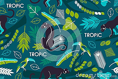 Seamless pattern with tropical leaves, branches of trees, jaguars and toucans. Flat style. Vector Illustration