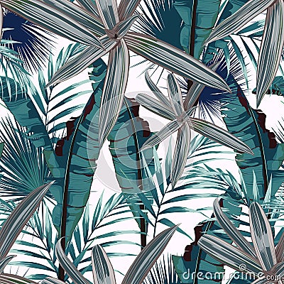 Seamless pattern with tropical leaves. Dark and bright palm leaves on the light background. Vector Illustration