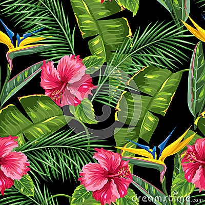 Seamless pattern with tropical leaves and flowers. Palms branches, bird of paradise flower, hibiscus Vector Illustration