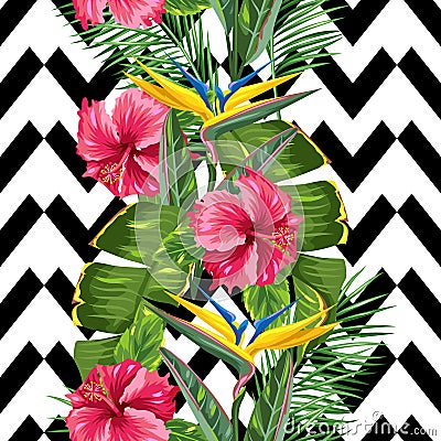 Seamless pattern with tropical leaves and flowers. Palms branches, bird of paradise flower, hibiscus Vector Illustration