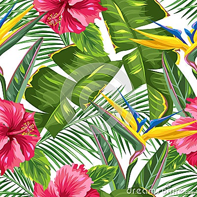 Seamless pattern with tropical leaves and flowers. Palms branches, bird of paradise flower, hibiscus Vector Illustration