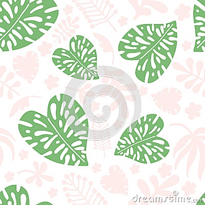 Seamless pattern of tropical leaves, flowers and plants on a white background. Colorful botanical background of pink and green Stock Photo