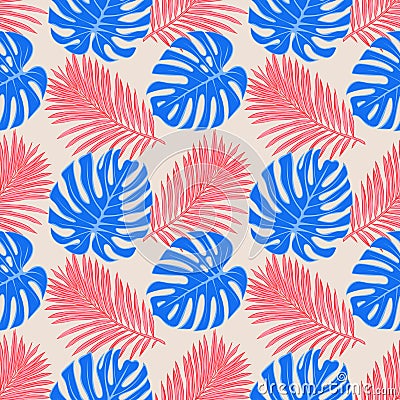 Seamless pattern with tropical leaves: palms, monstera, jungle leaf seamless vector pattern background. Swimwear botanical de Stock Photo