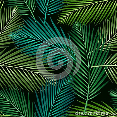 Seamless pattern with tropical leaves: palms, monstera, jungle leaf seamless vector pattern dark background. Swimwear botanical Vector Illustration