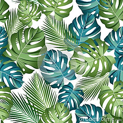 Seamless pattern with tropical leaves: palms, monstera, jungle leaf seamless vector pattern dark background. Swimwear botanical de Vector Illustration