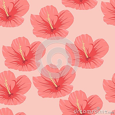 Seamless pattern of tropical pink hibiscus flowers Vector Illustration