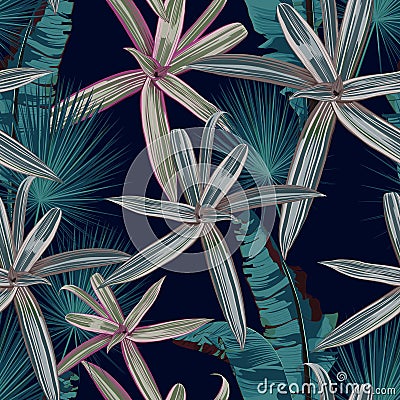 Seamless pattern with tropical plants, bananas and palms leaves. Dark and bright greenery on the dark blue background. Cartoon Illustration