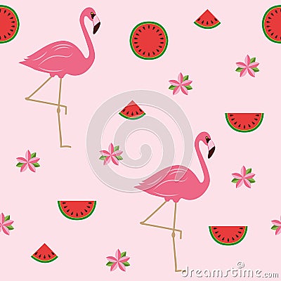 Seamless pattern tropical summer design with flamingos flowers and watermelon Vector Illustration