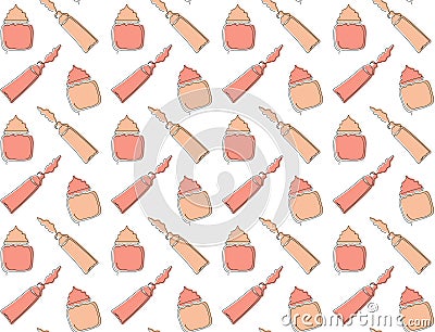 Seamless pattern of tubes with cream flowing out and open jars with face creams drawn in one line with colored substrates on a wh Vector Illustration