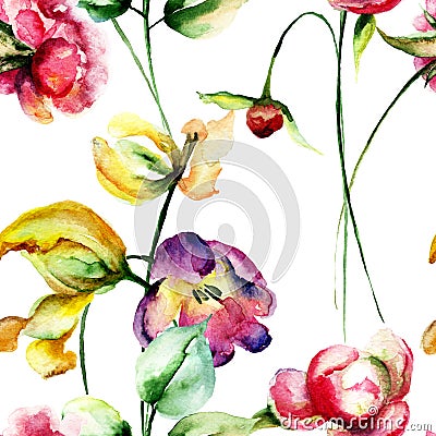 Seamless pattern with Tulips and Peony flowers Cartoon Illustration