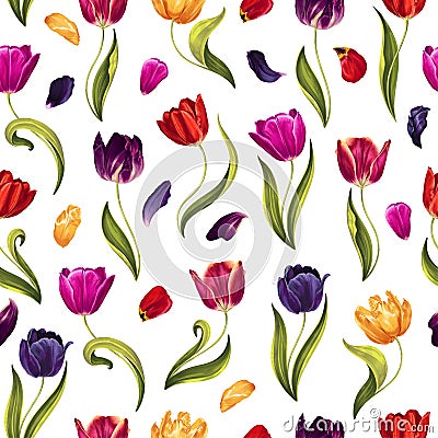 Spring seamless pattern with multi-colored tulip flowers, leaves and petals on a white background. Vector Illustration