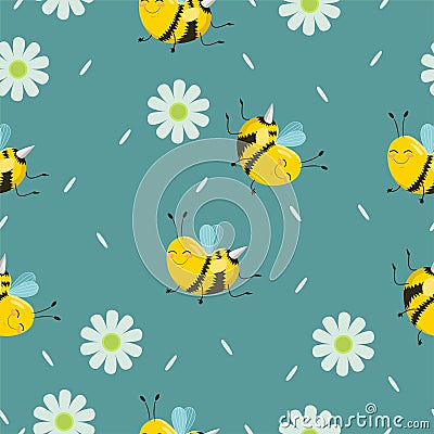 Seamless pattern with turquoise bees with flowers and petals. Vector background Stock Photo