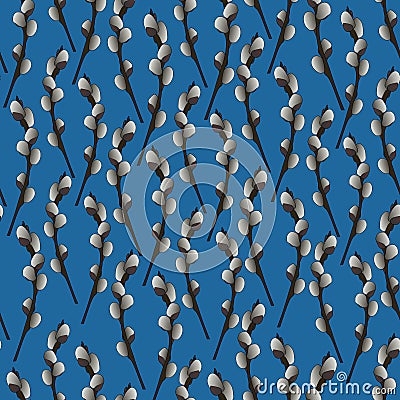 Seamless pattern twig of a willow. Vector. Plant on an isolated blue background. The idea for the cover, Wallpaper, walls. Easter. Vector Illustration