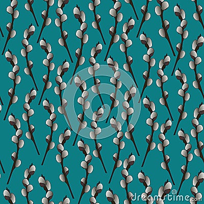 Seamless pattern twig of a willow. Vector. Plant on an isolated blue-green background. Vector Illustration