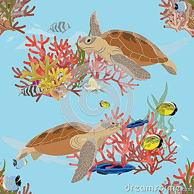 Seamless pattern. Two Green sea turtle swimming under water Vector Illustration