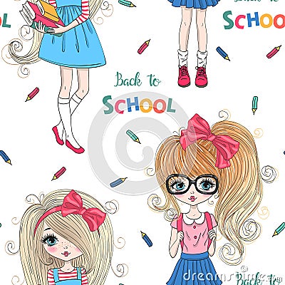 Seamless pattern with two hand drawn beautiful cute schoolgirls with backpacks and inscription Back to School. Vector Illustration